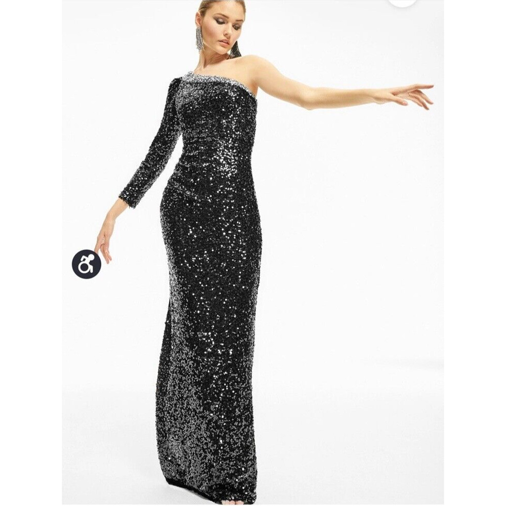 NWT Sachin & Babi Greta Black Sequined One-Shoulder Evening Gown Dress Sz 6 Prom